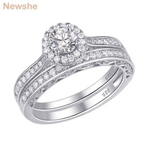Newshe 2 Pcs Halo Wedding Ring Set Solid 925 Sterling Silver 1.6 Ct Round AAA CZ - £41.75 GBP