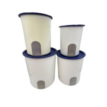Tupperware One Touch Reminder Canisters Set of 4 White W/ Blue Lid 8 pie... - $32.68