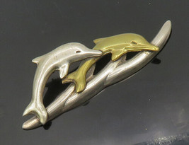 MEXICO 925 Silver - Vintage Shiny Two Tone Leaping Dolphins Brooch Pin - BP7406 - £85.92 GBP
