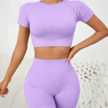 Women&#39;s High-Waist Yoga Shorts and Top, Two Piece Set, Purple, Size L - £20.33 GBP