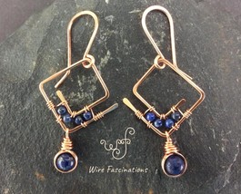 Handmade copper earrings: small square spiral hoops wire wrapped lapis lazuli - $31.00