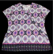 VLife Pink Purple Black Geometric Floral Flower Whimsical Scrub Shirt To... - $13.99