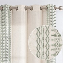 Jinchan Boho Curtains For Bedroom Linen Curtains Green Embroidered Bordered - £55.14 GBP