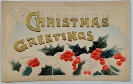 Christmas Greetings Snow Flocked Gilded Letter with Hollyberry Postcard T19 - $4.95