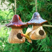 Set of 2 Hanging Mushroom Bird Houses, Decorative Blue and Red Ceramic Birdhouse - £50.26 GBP