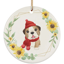 Cute Baby Bulldog Dog Ornament Sunflower Wreath Christmas Gift Pine Tree Decor - £11.69 GBP