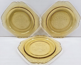 3 Federal Glass Madrid Amber Luncheon Plates Set Depression Floral Etch Dish Lot - £31.47 GBP