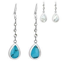 Dangling Teardrops 2 Sided Blue Turquoise and Shell Sterling Silver Earrings - £15.52 GBP