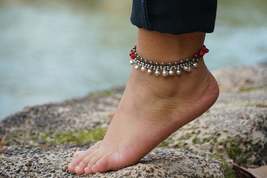 Red Silver Bell Stone Boho Anklet - £9.99 GBP