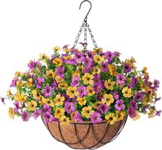 INXUGAO Artificial Flowers Hanging Basket for Outdoor, Purple-Yellow - £23.44 GBP