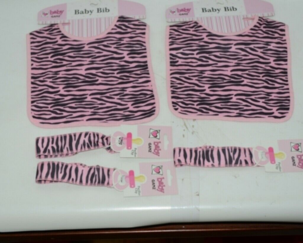 Baby Ganz Girl Pink Black Zebra Pattern Pacifier Clip Matching Bib Gift Set - $17.99