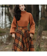 Spring Autumn Vintage Plaid Long Skirts Sweater Two-Piece Set F - $82.95