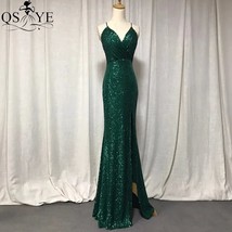 Emerald Green Evening Dresses  Straps  Prom Gown Sequin Long Party Dress Glitter - £102.41 GBP
