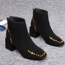 Retro Punk Rivets Faux Leather Booties Thick Heel Black Ankle Women Boots Studde - £67.33 GBP