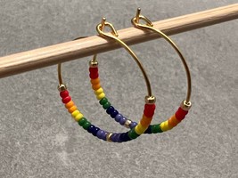 Rainbow Hoop Earrings, LGBTQ earrings, Gay Pride, Multicolor Beaded hoops, Simpl - £16.02 GBP