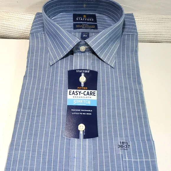 Stafford Mens Travel Easy-Care Blue Stripped Fitted Dress Shirt 16 1/2 3... - $25.00