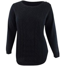 $70 Charter Club Women Plus Ribbed Trim Button Sleeves Crewneck Sweater Black 2X - $37.62