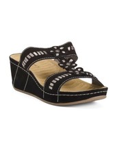 New David Tate Black Leather Wedge Comfort Embellished Sandals Size 8 W Wide - $60.86