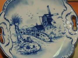 Hand Painted 10&quot; Plate w/ Handles Delft? Blue &amp; White Windmill Antique Vintage - £13.66 GBP