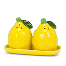 Lemon Salt Pepper Shakers on Tray Ceramic 5&quot; Long Yellow Realistic Brigh... - $24.74