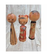 Vintage Kokeshi Dolls Tohoku Madien Marked Japan Lot of 3 Between (4&quot; 5&quot;) - $700.01 MXN