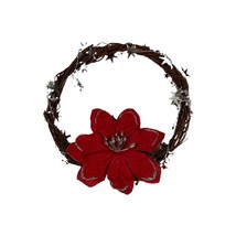 Vintage Small Grape Vine Christmas Wreath Star Tinsel Large Red Poinsettia 8&quot; - £11.18 GBP