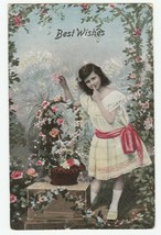Vintage Postcard Girl Basket of Flowers Best Wishes 1907 Color Tinted Photo - £7.05 GBP