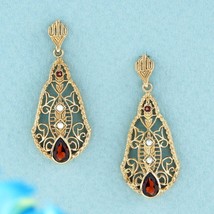 Natural Garnet and Pearl Vintage Style Filigree Drop Earrings in Solid 9K Gold - £479.52 GBP