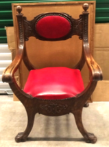 Antique Carved Walnut and Red Leather Italian Throne Chair with Nail Head Trim - £397.57 GBP