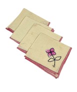 Vintage Set of 4 Linen Cocktail Luncheon Napkins Pink Flower Embroidered - $221.43 MXN