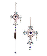 Blue Floral Scroll with Gemstones Christian Cross Art Glass Metal Wind C... - $660.20 MXN