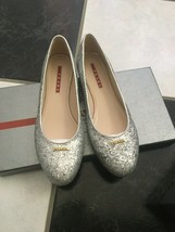 NIB 100% AUTH Prada Silver Glitter Ballet Flats Shoes W/Gold Logo Sz 35.... - $275.22