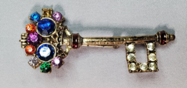 Colorful Key Pin Rhinestones Antiqued Goldtone Vintage Fashion Jewelry E... - £9.45 GBP