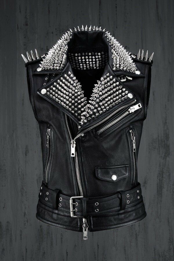 Men's Black Belted Genuine Leather Full Silver Spike Metal Punk Studded Vest