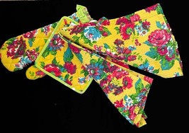 4-Pc April Cornell Shabby Foral Quilted Ruffled Oven Mitt Hot Pad Kitche... - $32.99