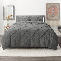 Charcoal Gray Full Pinch Pleat Duvet Cover Set 3Pc Luxurious Pintuck Style - £46.08 GBP