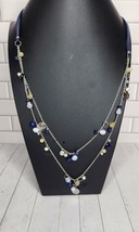 Chico&#39;s Necklace Glass Beaded Dangle Leather Blue Silver Tone 34&quot; - £12.69 GBP