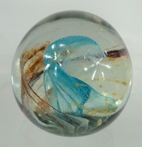 Vintage Round Glass Paperweight - 2.25&quot; - Blue, Green &amp; Brown Swirls - $57.94