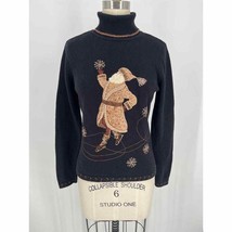 Talbots Embroidered Turtleneck Sweater Sz S Black Holiday Father Christmas - £31.26 GBP