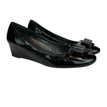 Stuart Weitzman Heels 5.5 Black Patent Leather Wedge Silver Bow Office Career - £39.95 GBP