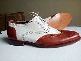 New Handmade Men Oxford Shoes, White Brown Wing Tip Leather Formal Tuxedo Shoes  - £115.80 GBP
