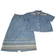 Denim &amp; Co. VTG Modest Denim Skirt Jacket Outfit Set 1X Grannycore Embro... - $367.88 MXN