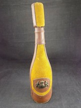 Vintage LEATHER COVERED WINE BOTTLE Brown Suede Brass Lion Crest w/ Cork - $316.38 MXN