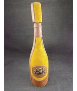 Vintage LEATHER COVERED WINE BOTTLE Brown Suede Brass Lion Crest w/ Cork - $22.80 CAD