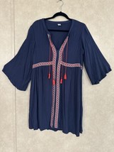 Old Navy Size Medium Blue Crinkle Embroidered Tassels Boho Peasant Lined Dress - £14.93 GBP