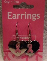 Pink Ribbon Silver Tone Heart Earrings Brand New - £6.86 GBP