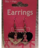 Pink Ribbon Silver Tone Heart Earrings Brand New - £6.88 GBP