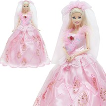 Wedding Party Gown With Veil Flower Pattern Bride Clothes For Barbie Doll Toys - £8.32 GBP