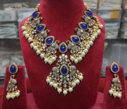 Bollywood Style Indian Gold Plated CZ Kundan Necklace Earrings Blue Jewelry Set - £189.67 GBP