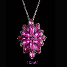STUNNING Pink Necklace - huge layered 3&quot; brooch pendant - Loaded with rhinestone - £99.91 GBP